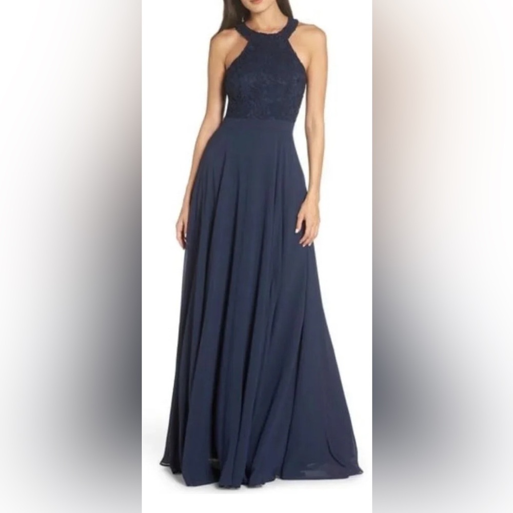 Lulu's Love Poem Lace Halter Gown in
Navy Blue